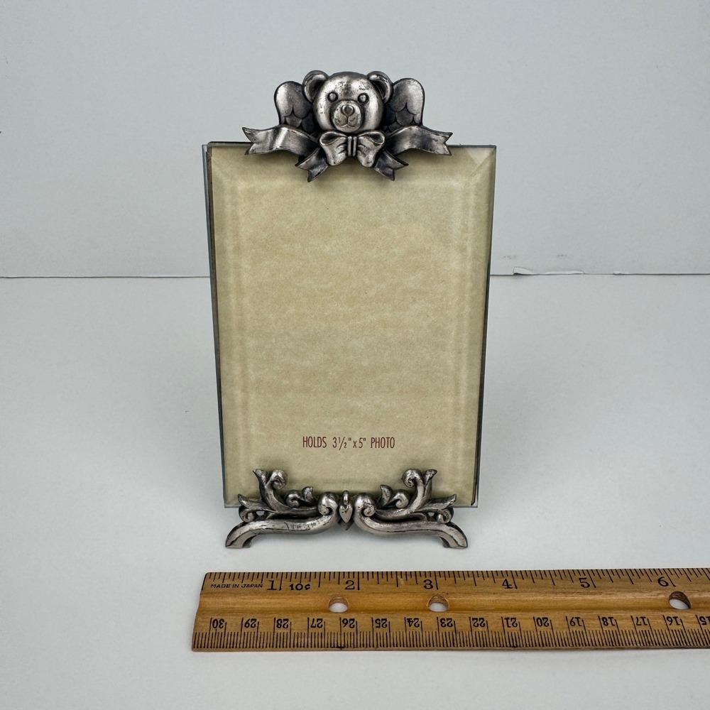 Vtg Tabletop Teddy Bear Angel Ribbon Filigree Photo Pic Frame Pewter Metal READ